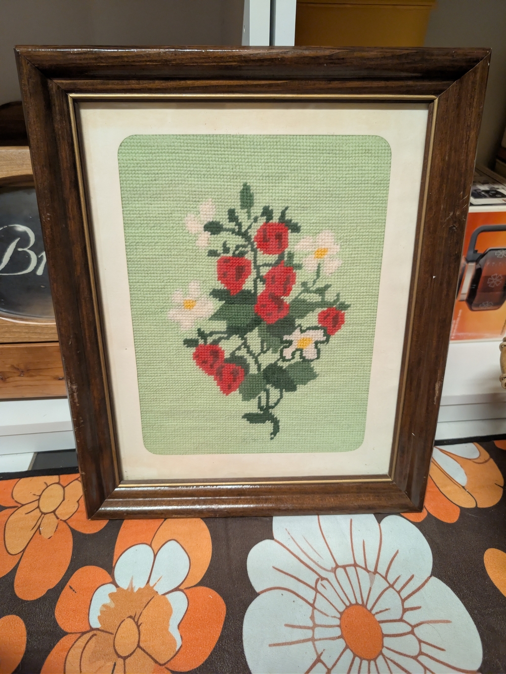 Framed Green Needlepoint Floral Art with Strawberries